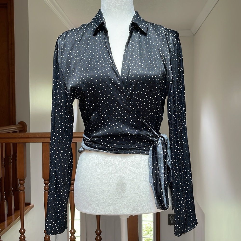 ZARA Black Satin Polka Dot Wrap Front Top, Collared, Long Sleeves, Women's Large